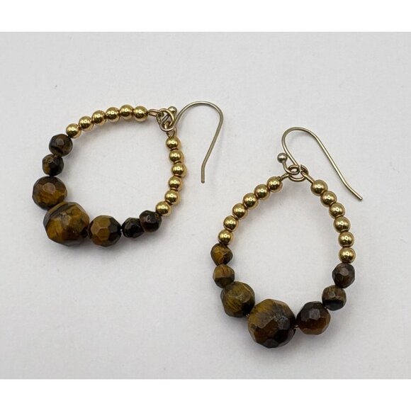 Brown Faux Tiger Eye Beaded Dangle Earrings Retro Teardrop Earth Tones - Picture 2 of 6